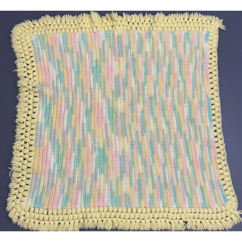 Crochet BABY AFGHAN Blanket Handmade Pastel Yellow Pink Green 29"Lap Blanket